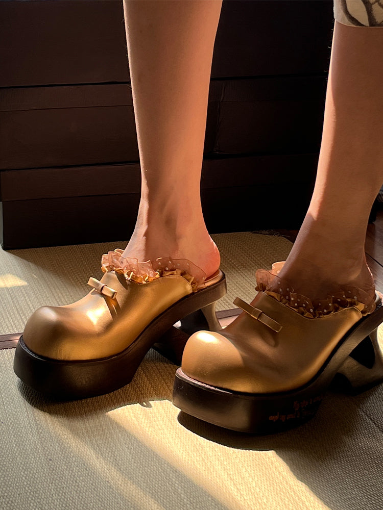 PonteAlleMoss19 - Handmade Original Wooden Clogs - Golden Bow Lace Clogs