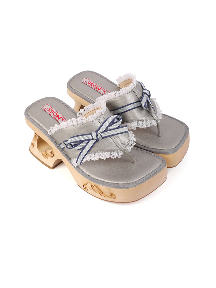 PonteAlleMoss19 - (Pre-Order) Handmade Original Wooden Sandals - Grey Lace Bow Thong Platform