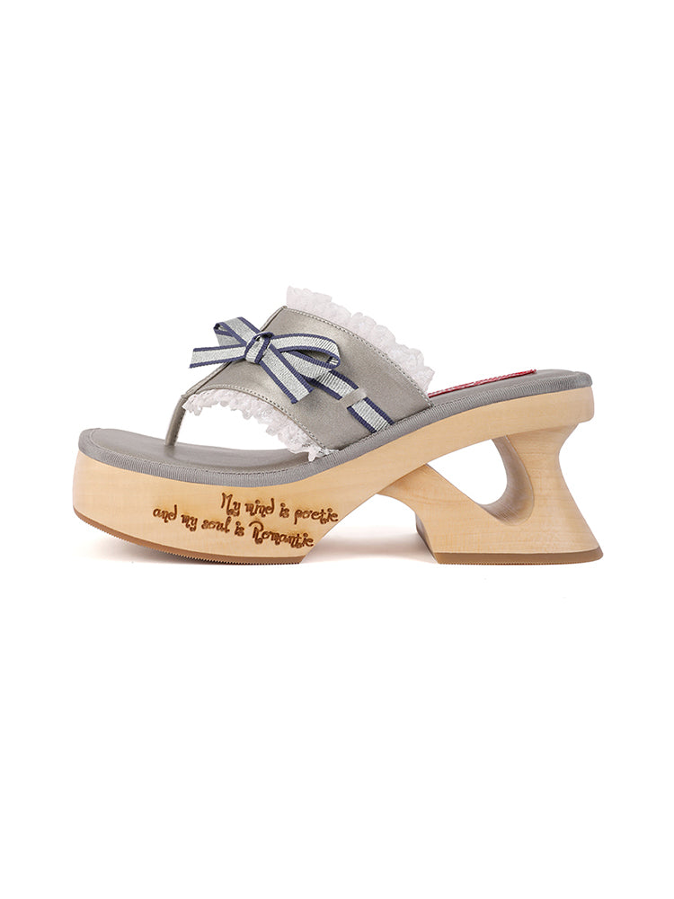 PonteAlleMoss19 - (Pre-Order) Handmade Original Wooden Sandals - Grey Lace Bow Thong Platform