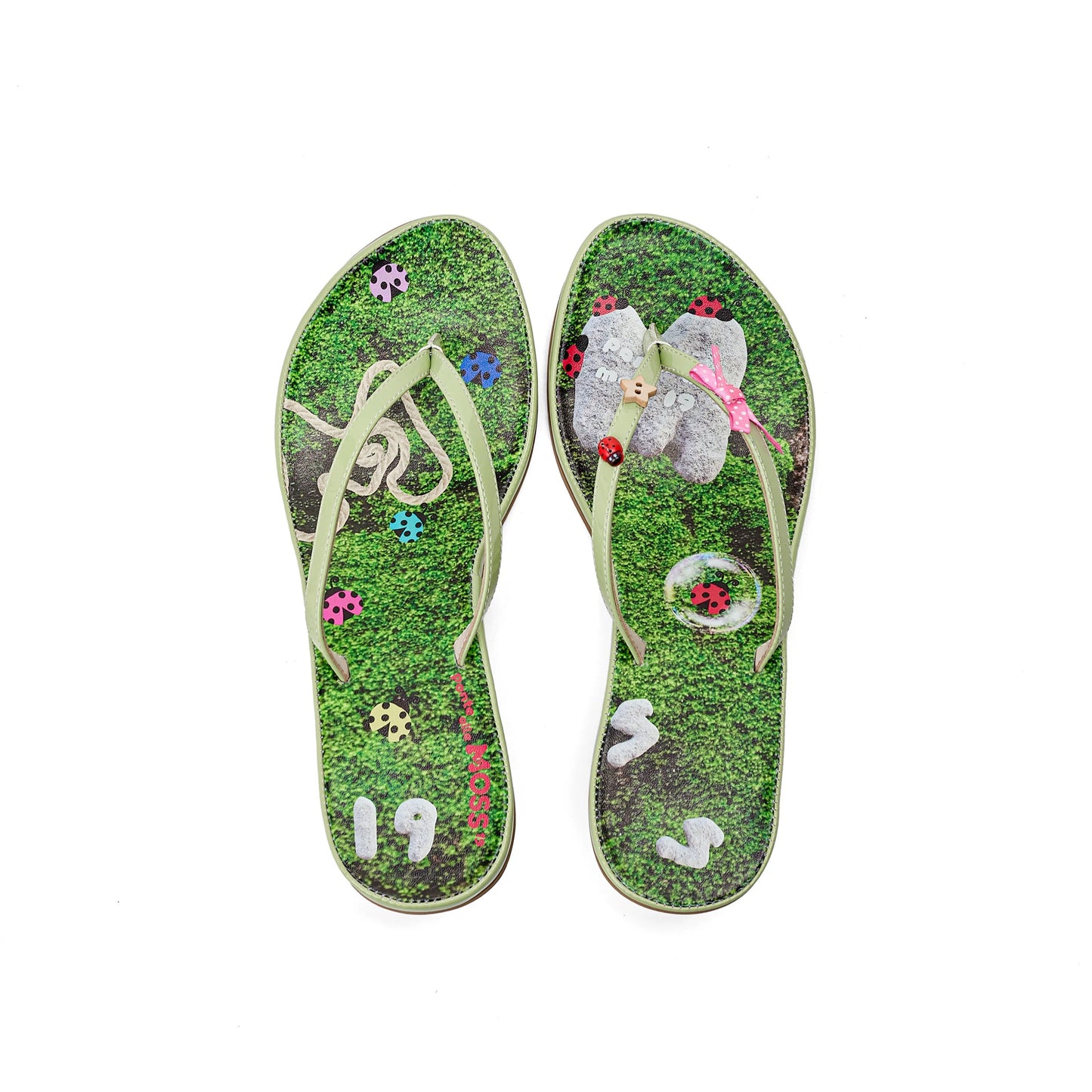 PonteAlleMoss19 – Ladybug Thong Sandals 'Moss Print with Playful Bloom'