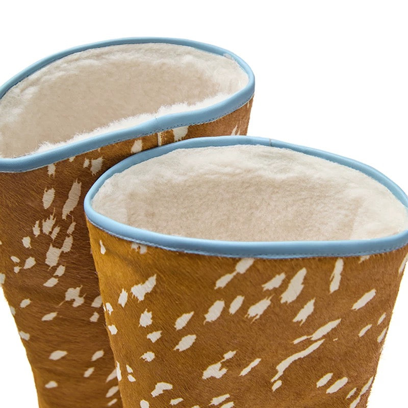 PonteAlleMoss19 – Brown Deer-Pattern Fleece-Lined Knee-High Boots