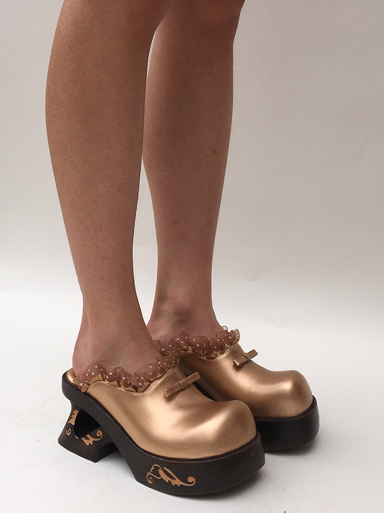 PonteAlleMoss19 - Handmade Original Wooden Clogs - Golden Bow Lace Clogs