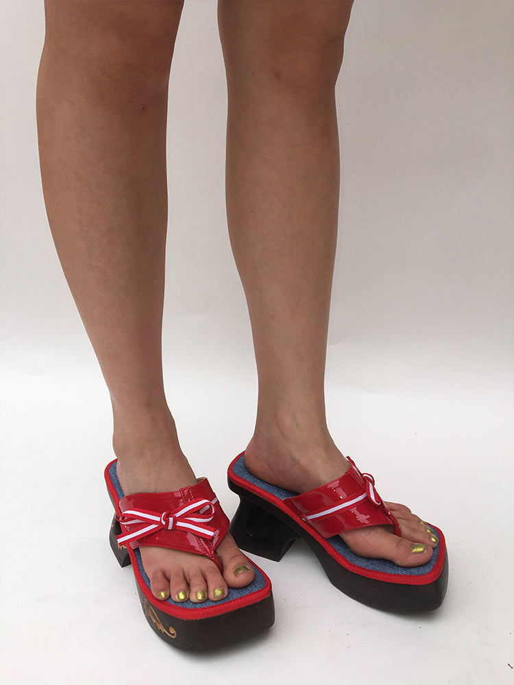 PonteAlleMoss19 - Handmade Original Wooden Sandals - Red Denim Bow Thong Platform