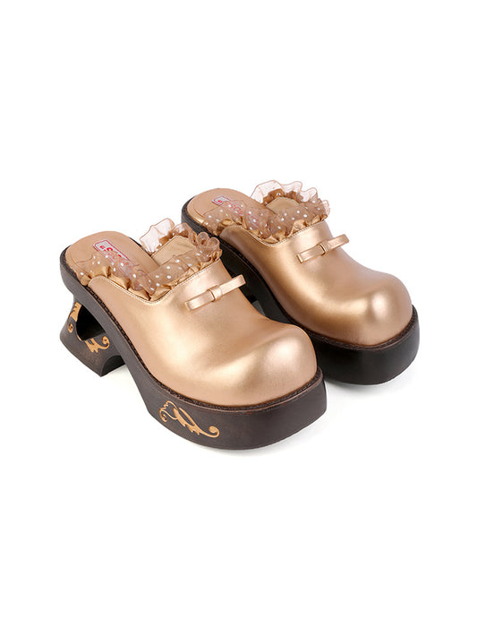 PonteAlleMoss19 - Handmade Original Wooden Clogs - Golden Bow Lace Clogs