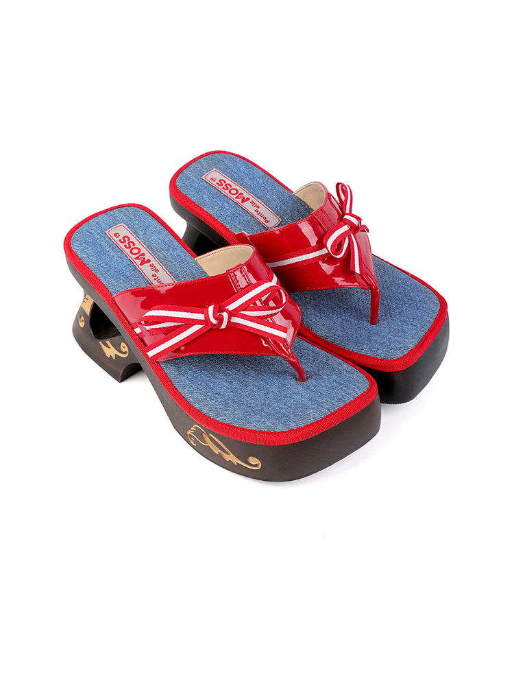 PonteAlleMoss19 - Handmade Original Wooden Sandals - Red Denim Bow Thong Platform