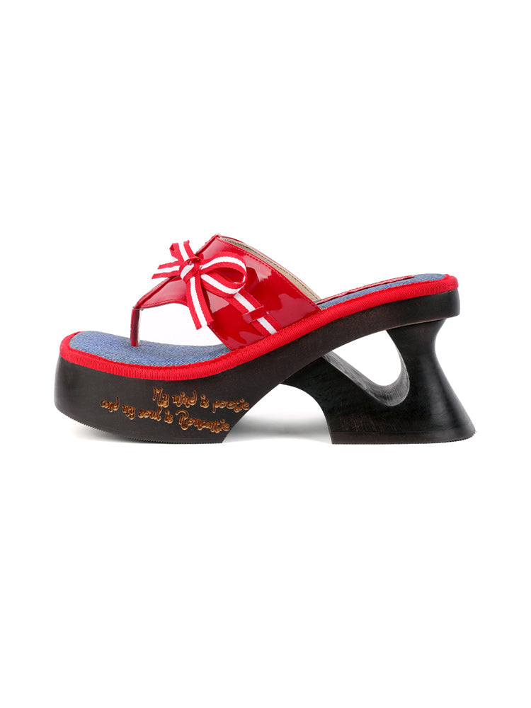 PonteAlleMoss19 - Handmade Original Wooden Sandals - Red Denim Bow Thong Platform