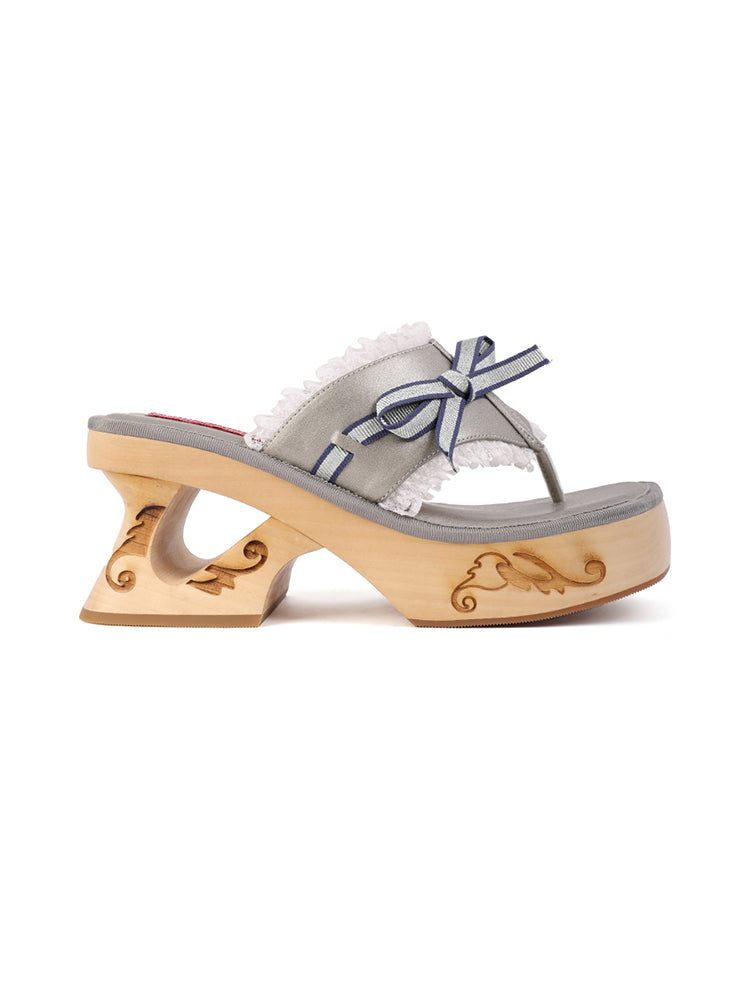 PonteAlleMoss19 - Handmade Original Wooden Sandals - Grey Lace Bow Thong Platform