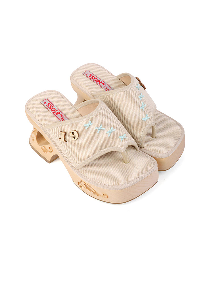 PonteAlleMoss19 - Handmade Original Wooden Sandals - Beige Canvas Button Platform