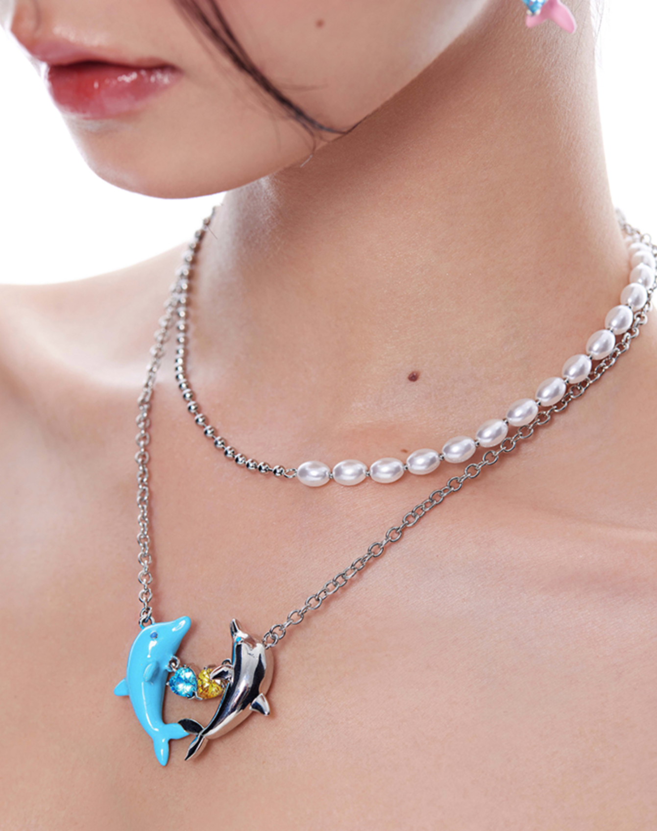 Gelelua - Dolphin Heart Hug Double Layer Necklace (My Virtual Toys)