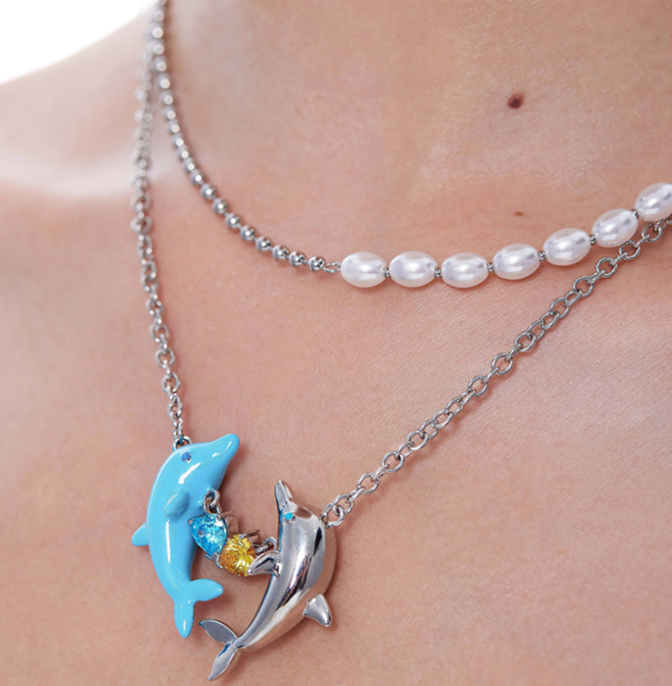 Gelelua - Dolphin Heart Hug Double Layer Necklace (My Virtual Toys)