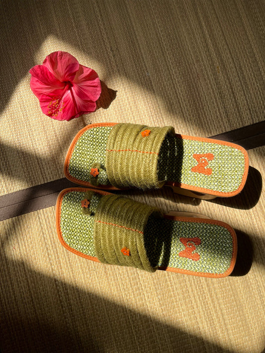 PonteAlleMoss19 – Mossbloom Clog Slides 'Handsewn Bloom in Woven Green'