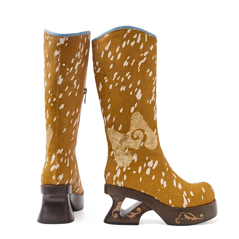 PonteAlleMoss19 – Brown Deer-Pattern Fleece-Lined Knee-High Boots