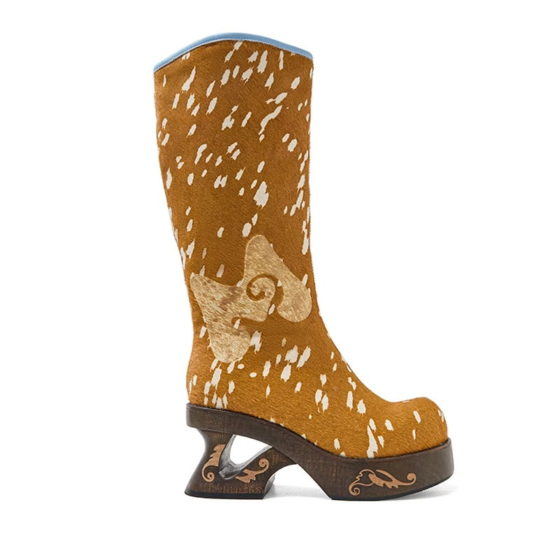 PonteAlleMoss19 – Brown Deer-Pattern Fleece-Lined Knee-High Boots