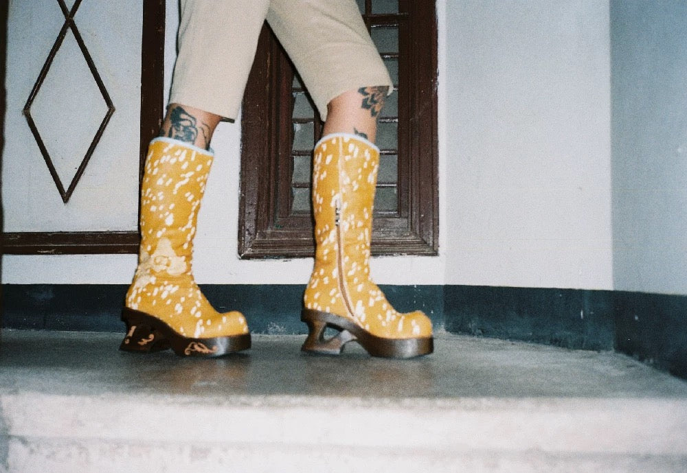 PonteAlleMoss19 – Brown Deer-Pattern Fleece-Lined Knee-High Boots