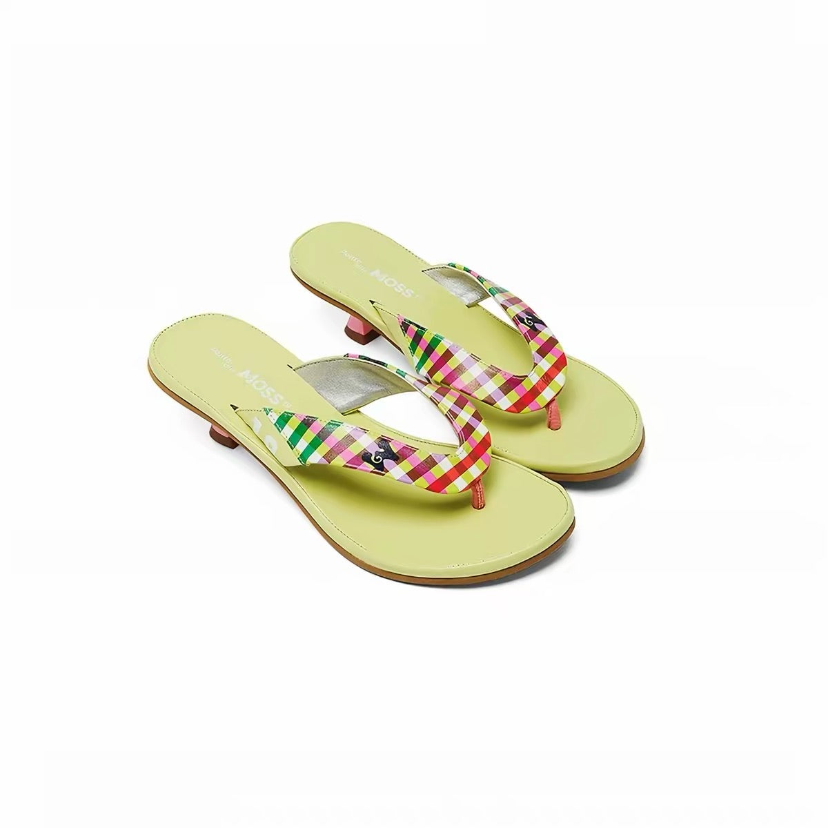 PonteAlleMoss19 – Grass Green '19' Checkered Leather Thong Kitten Mules