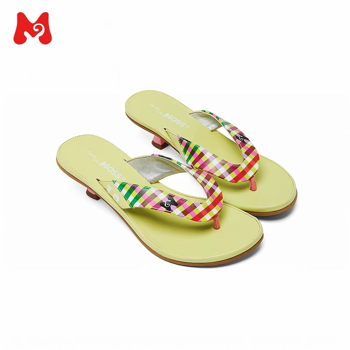 PonteAlleMoss19 – Grass Green '19' Checkered Leather Thong Kitten Mules