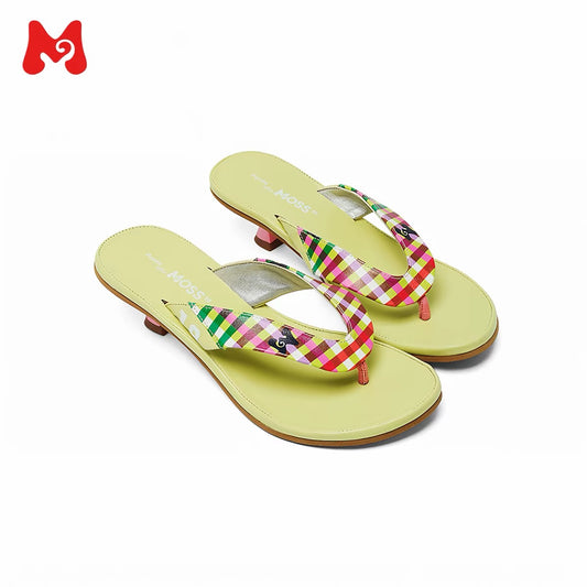 PonteAlleMoss19 – Grass Green '19' Checkered Leather Thong Kitten Mules
