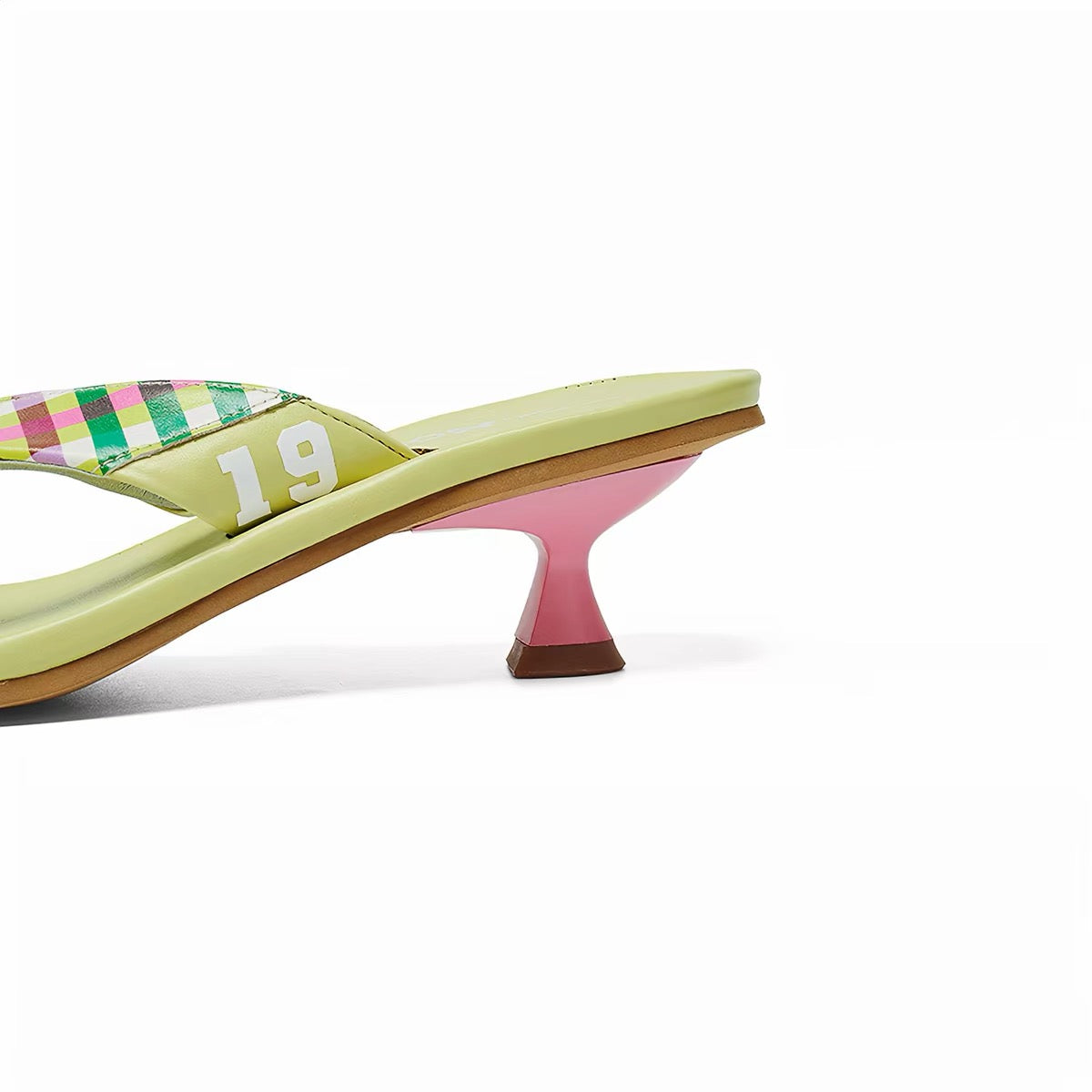 PonteAlleMoss19 – Grass Green '19' Checkered Leather Thong Kitten Mules